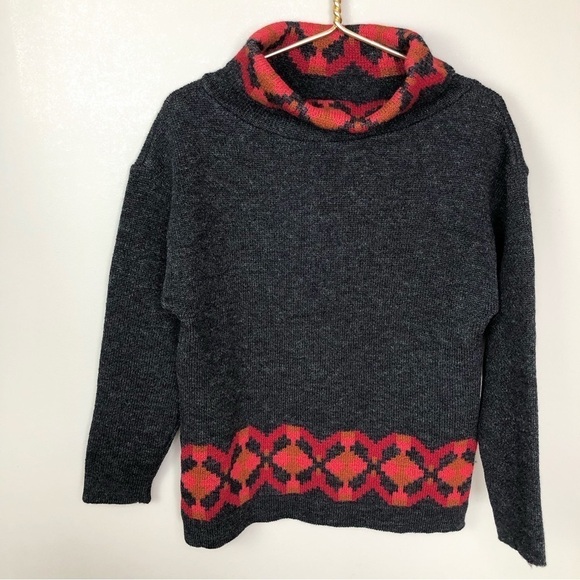 Vintage gray wool cowl neck red & rust artsy pattern sweater S/M - Picture 2 of 9